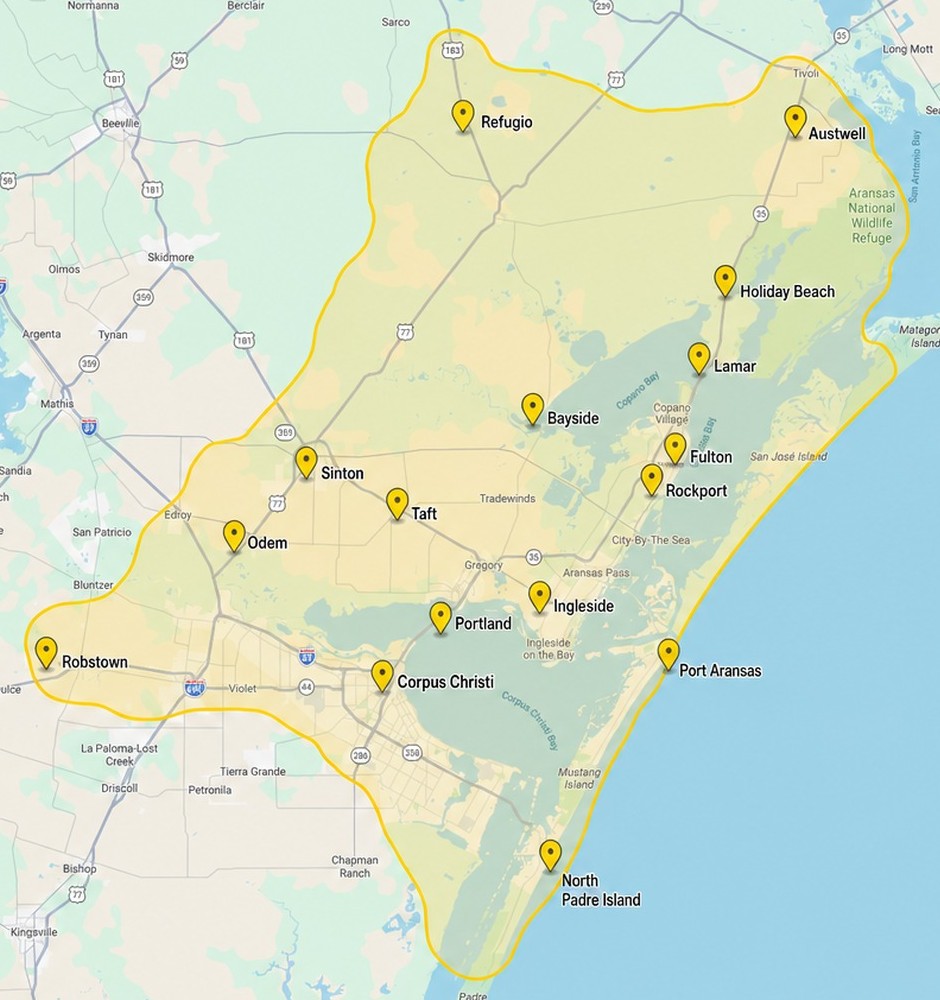 Map of the A1 Texas Gold service area covering Rockport, Corpus Christi, Port Aransas, Refugio and the surrounding Coastal Bend